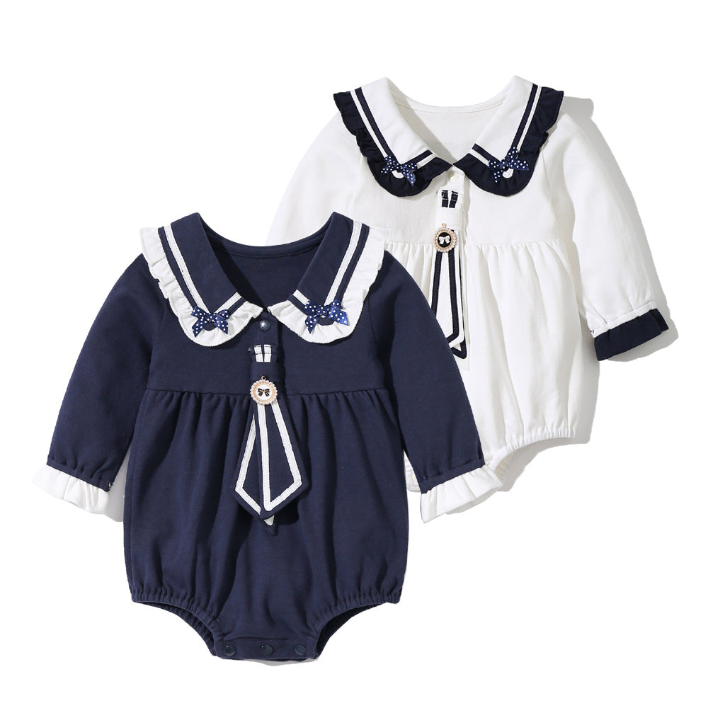 Baby Girl Solid Color Tie Dye Patched Design Doll Neck Sailor Style Onesies Bodysuit-0