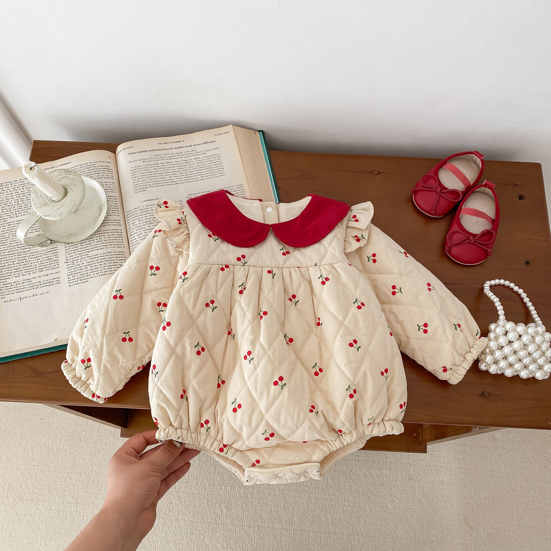 Newborn Baby Girls Cherry Pattern Long Sleeves Peter Pan Collar Cotton-Padded Onesie-9