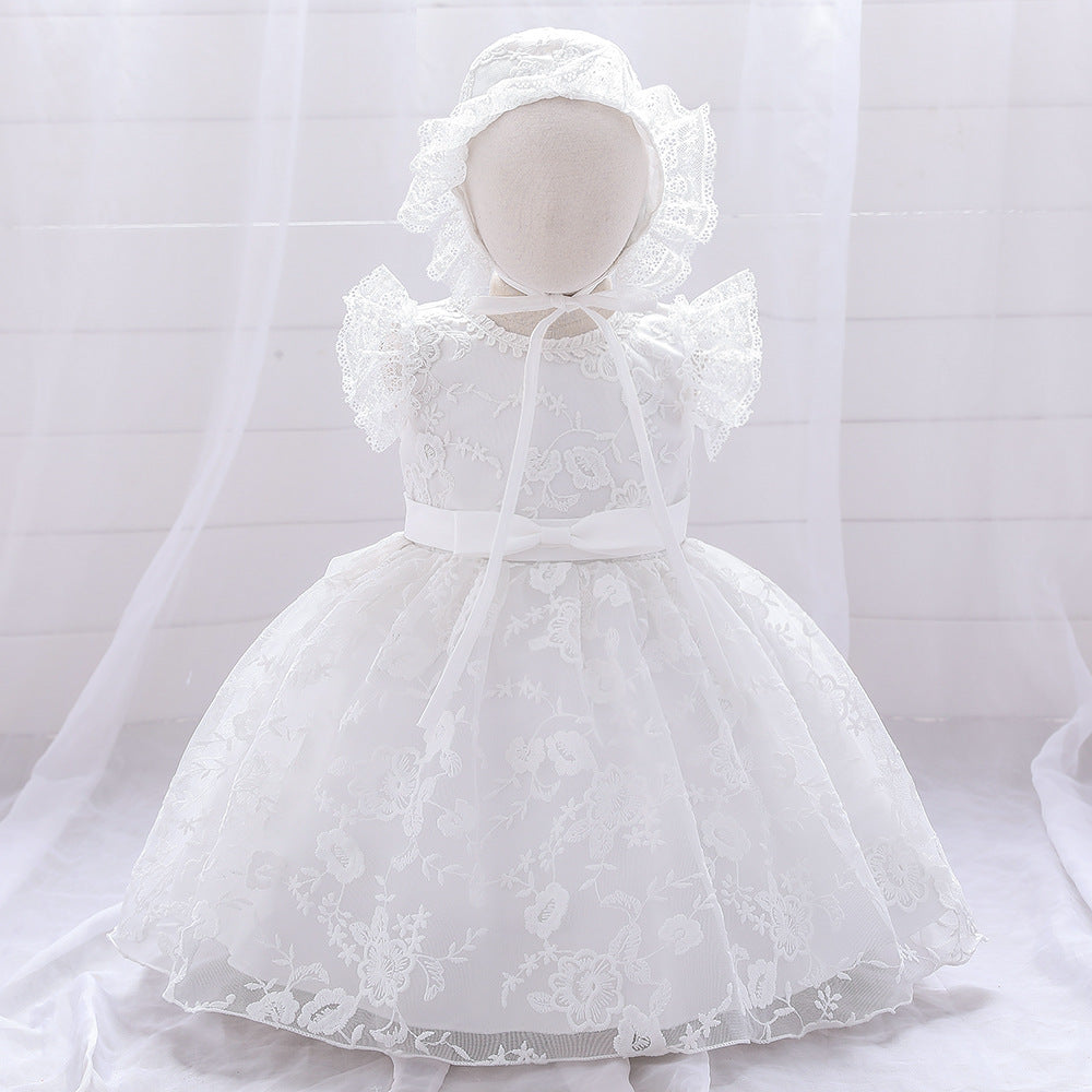 Baby Girl Solid Color Mesh Overlay Design Formal Baptism Birthday Gift Dress With Hat-0