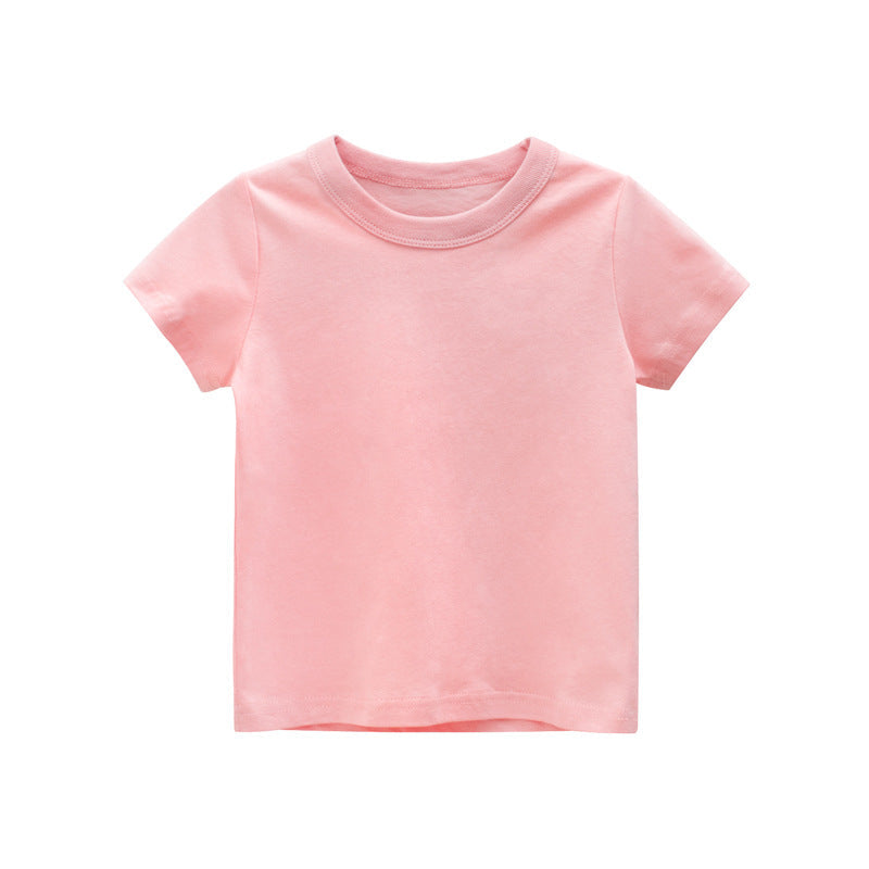 Baby Kids No Pattern Solid Color Short-Sleeved Tops In Summer Outfit Wearing-9