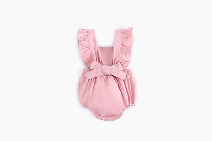 Baby Girl Square Collar Lace Design Denim Fabric Sleeveless Backless Onesies With Bow Decoration-9