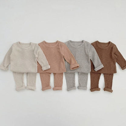 Baby Solid Color Soft Cotton Pajamas Home Clothes Sets-0