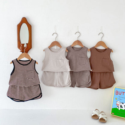 Spring Baby Kids Unisex Top Sleeveless Vest And Shorts Clothing Set-0