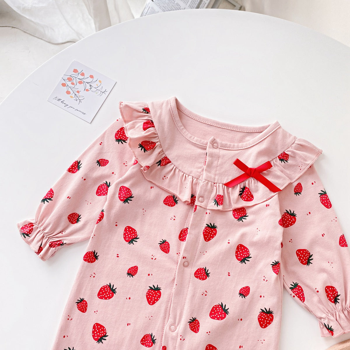 Baby Girl Allover Strawberries Pattern Ruffle Design Button Front Romper-9