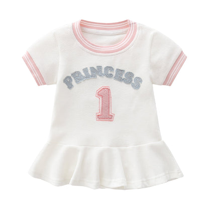 Baby Girl 1pcs Logo Graphic Graphic Side &amp; Neck Striped Design Ruffle Hem Baseball Dress-0