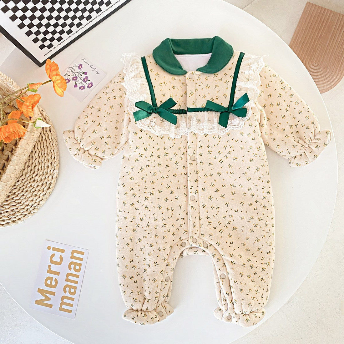 Baby Girl Flower Print Mesh Patchwork Fleece Thickened Romper-0