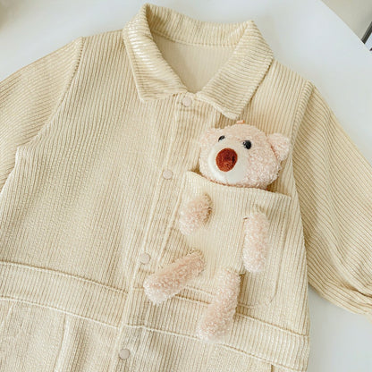 Baby 3D Cartoon Bear Patched Design Corduroy Fabric Button Front Romper-6