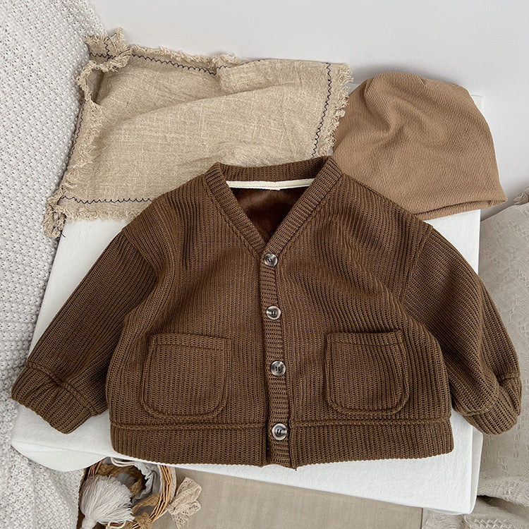 Baby Boy And Girl Solid Color Single Breasted Design V-Neck Thermal Autumn Jacket-8