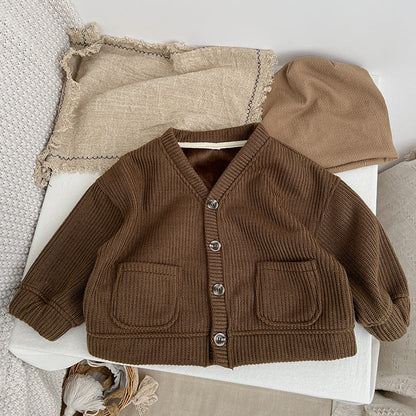 Baby Boy And Girl Solid Color Single Breasted Design V-Neck Thermal Autumn Jacket-8