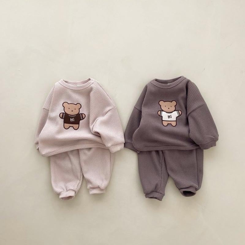 Baby Cartoon Bear Embroidered Pattern Waffle Fabric Hoodies Sets-0