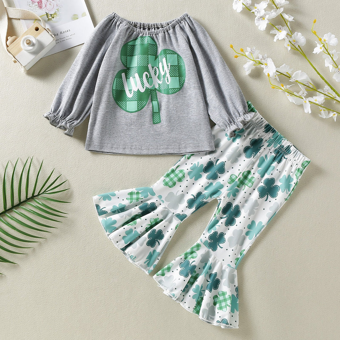 Baby Girl 1pcs 4-Leaves Grass Graphic Long Sleeve Tops Combo Allover Grass Print Ruffle Hem Pants Sets-0