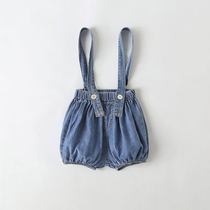 Baby Girl Solid Color Tee Combo Denim Strap Shorts 1-Piece Sets-9