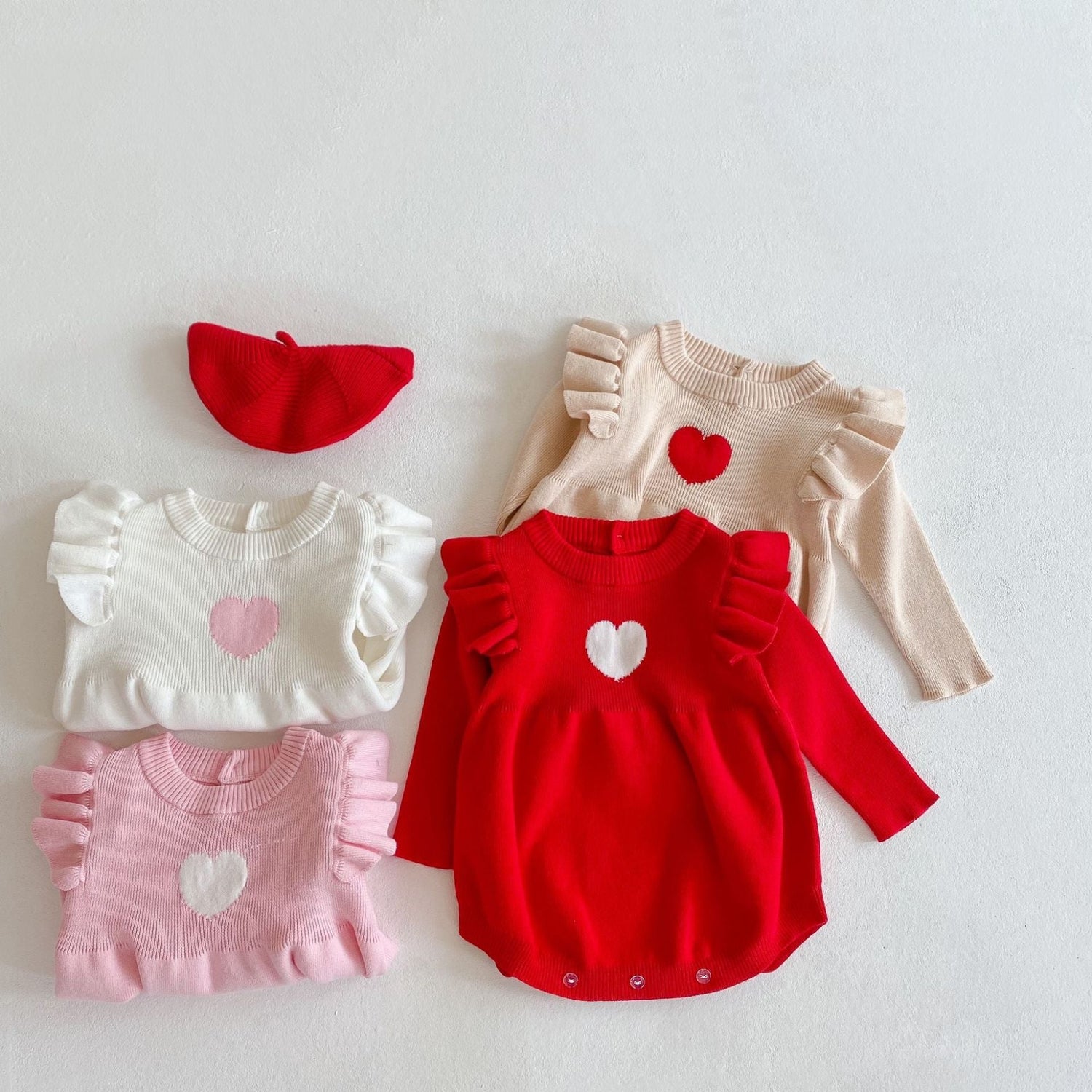 Baby Girl 1pcs Heart Embroidered Pattern Ruffle Long Sleeve Knit Onesies-8