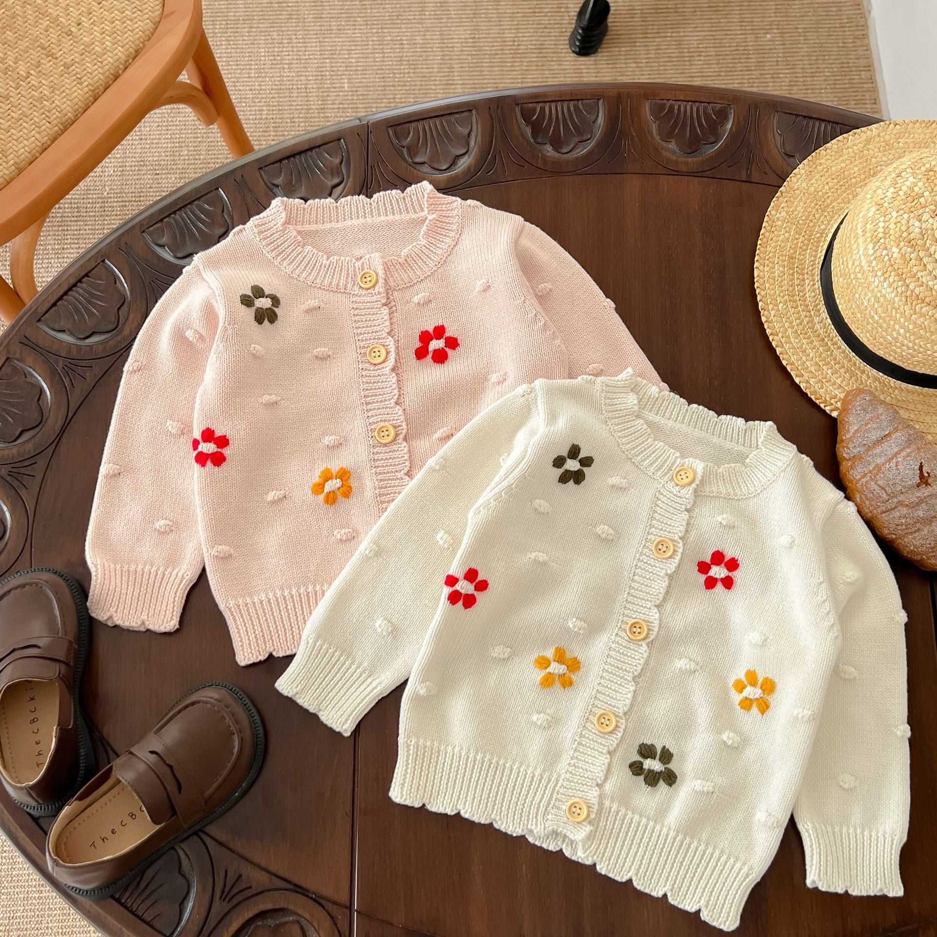 Baby Girl Flower Embroidered Graphic Single Breasted Design Knit Cardigan-0