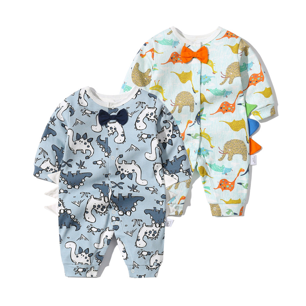 Baby Boy Dinosaur Pattern Bow Tie Patched Design Snap Button Romper Jumpsuit-0