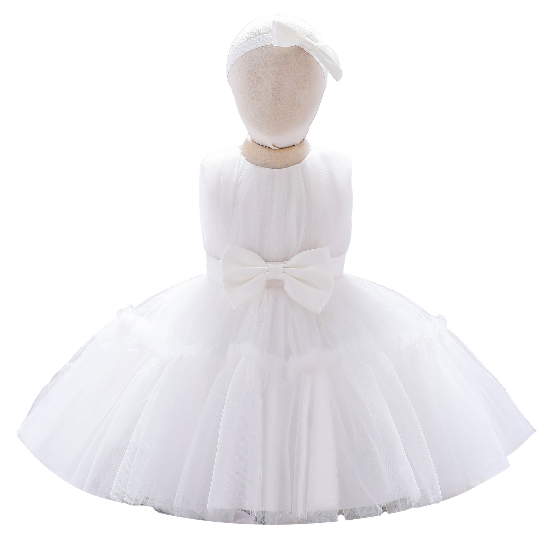 New Arrival Summer Baby Kids Girls Sleeveless Solid Color Ruffle Mesh Bow Tied Dress-8