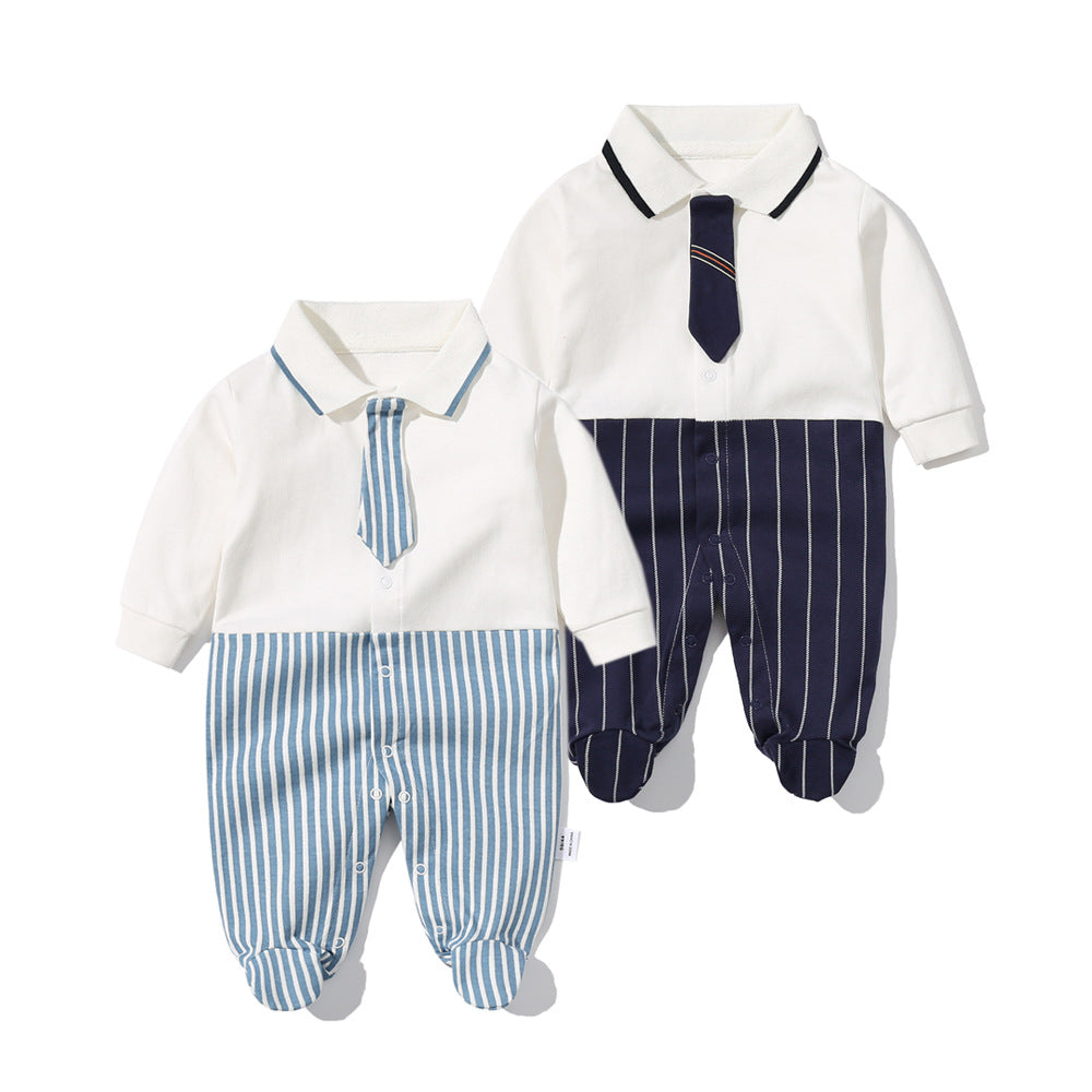 Baby Boy Striped Patchwork Pattern Tie Dye Design Lapel Convered Jumpsuit-0