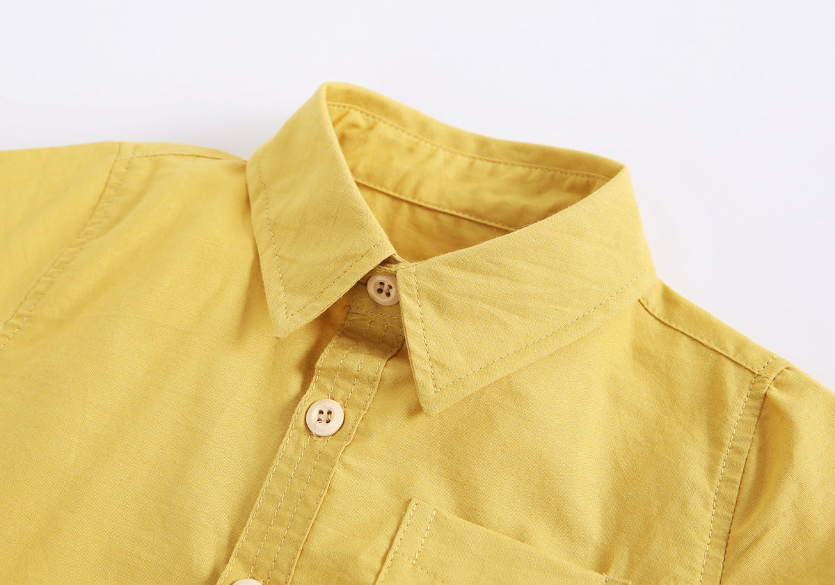 Baby Boy Solid Color Buttoned Shirt With Pockets Short Sleeve Onesies Online In Summer-9