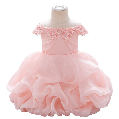 Baby Girl Solid Color One Shoulder Design Tutu Formal Dress Baptism Birthday Dress-8