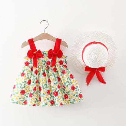 Baby Girl Flower Pattern Bow Patched Design Beautiful Dress-2