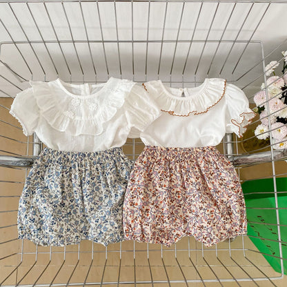 Baby Solid Color Puff Sleeve Blouses Combo Shorts Sets-8