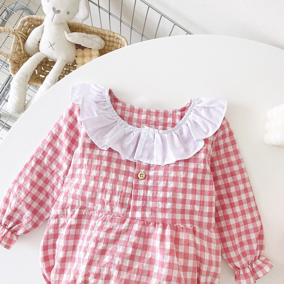 Baby Girl Plaid Pattern Ruffle Neck Design Triangle Sweet Onesies-8