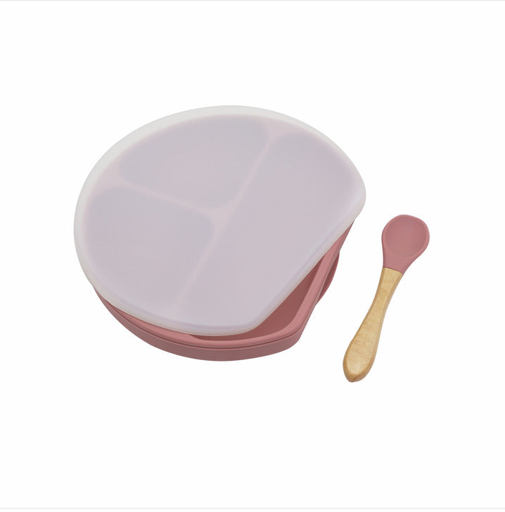 Baby Silicone Compartment Plate With Wooden Spoon-9