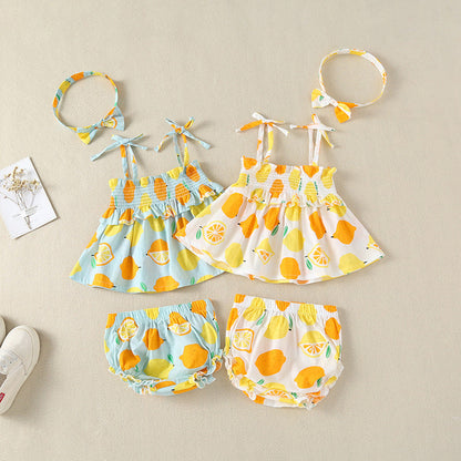 Baby Girl Lemon Fruit Print Sleeveless Dress Combo Short Pants In Sets-0