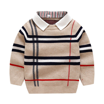 Baby Boy Striped Pattern False 1 Pieces Sweater With Detachable Shirt Neck-1