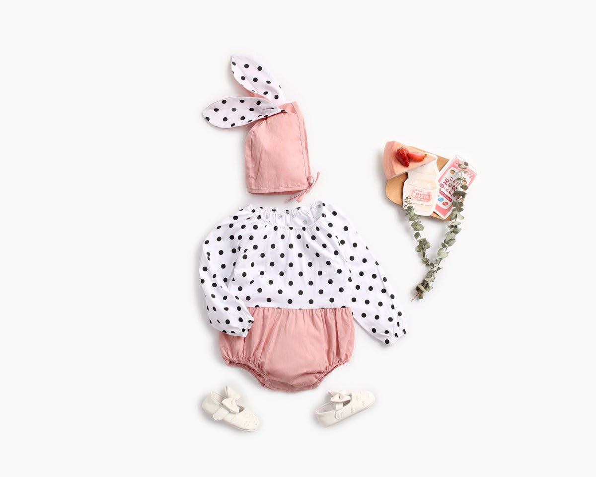 Baby Girl Polka Dot Graphic Long Sleeved Cute Bodysuit &amp; Hats-9