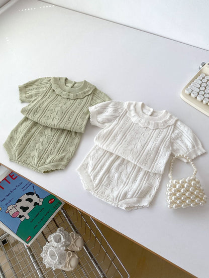 Summer Baby Kids Girls Hollow Out Knitting Pattern Pullover Top And Bloomers Casual Clothing Set-0