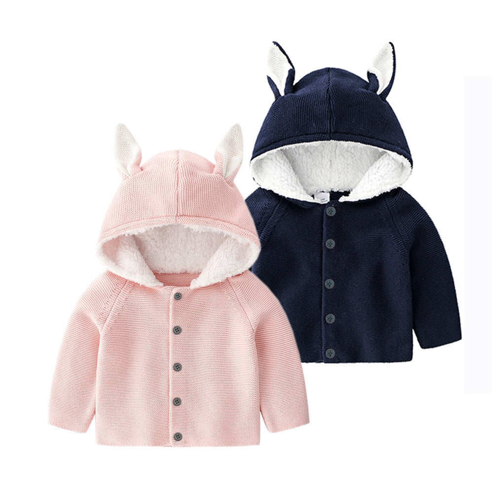 Baby Solid Color Bunny Ear Patched Hat Design Button Front Knitted Sweater Cardigan-0