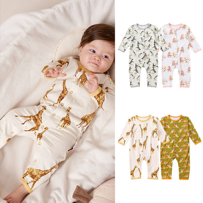 Baby Animal Print Pattern Full Button Design Cotton Romper-0