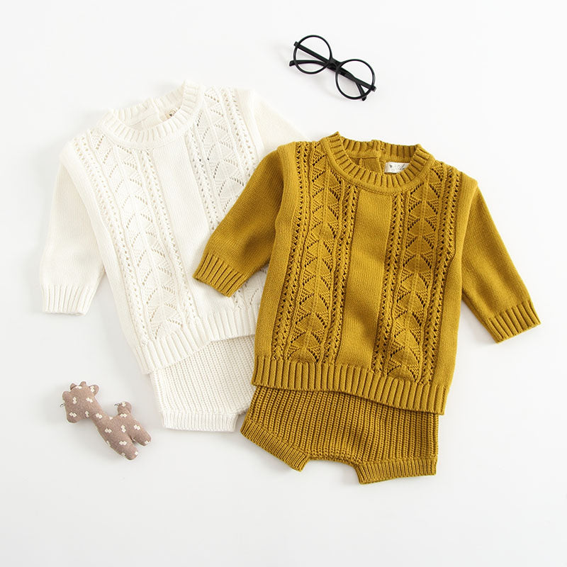 Baby Solid Color Hollow Carved Design Knitwear Sets-0