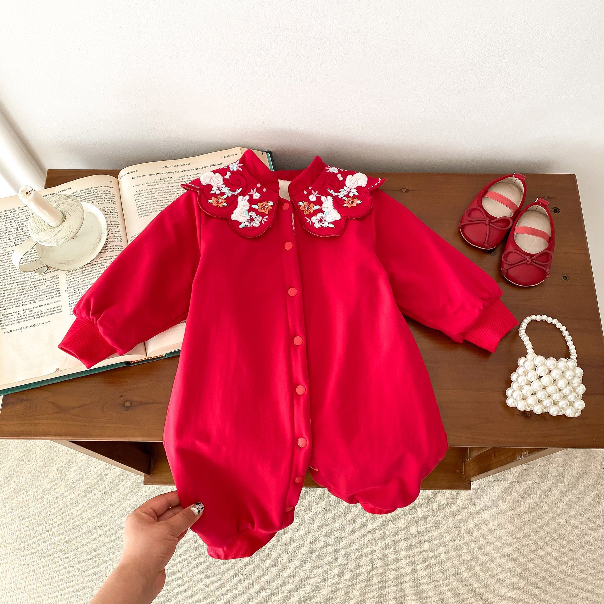 Infant Baby Girls Thick Warm Long Sleeve Rabbits Floral Knitted Round Collar Red Romper-8