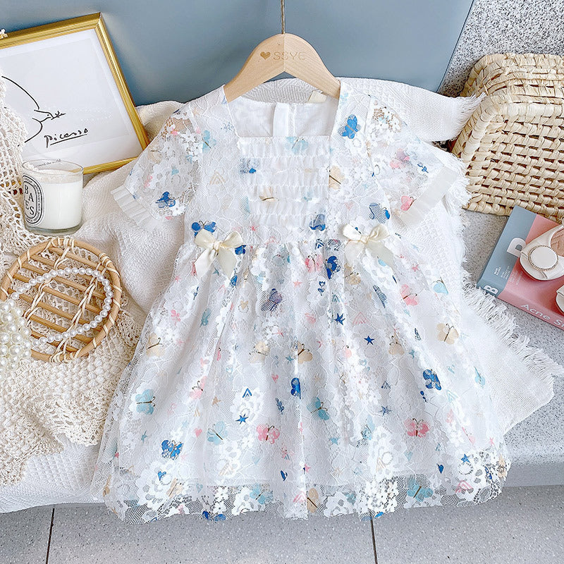 Baby Girl Butterfly Print Lace Patchwork Design Square-Collar Dress-0