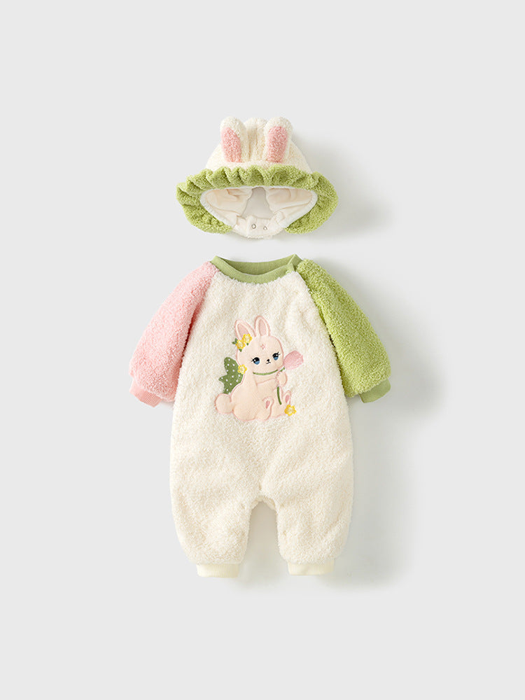 Winter Baby Girl Rabbit Cartoon Thick Home Clothes Romper-0