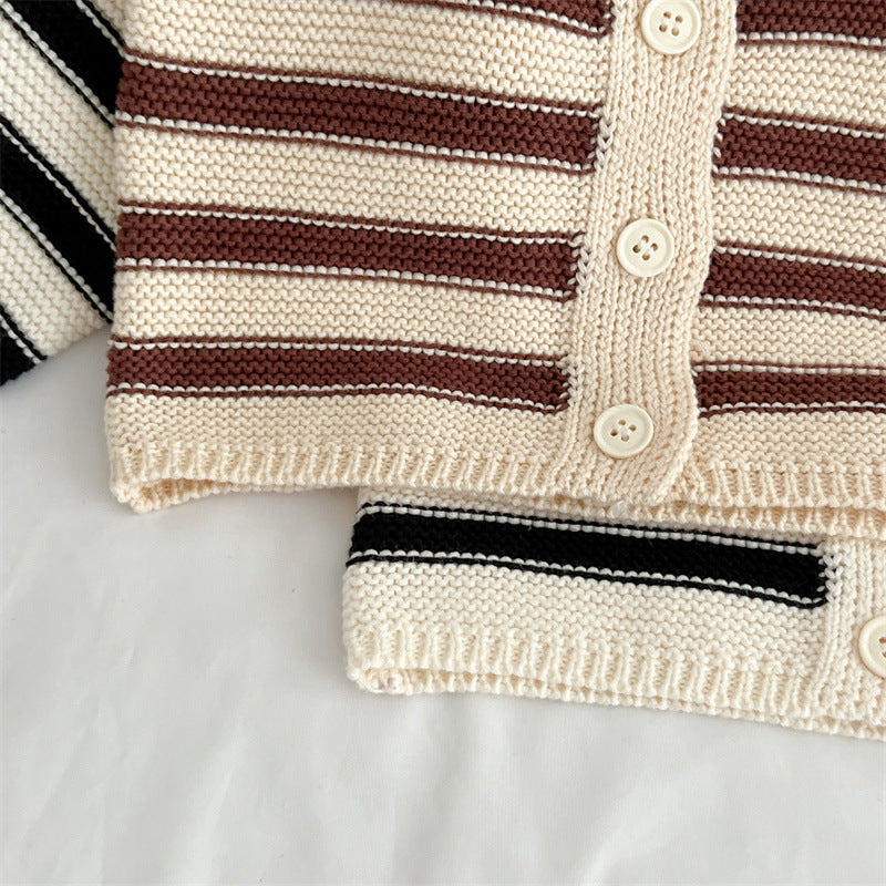 Baby Striped Pattern Lapel Knitted Cardigan With Pants Sets-9