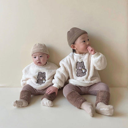 Baby Bear Embroidered Pattern Plush Hoodies Combo Pants  Pieces Sets-9