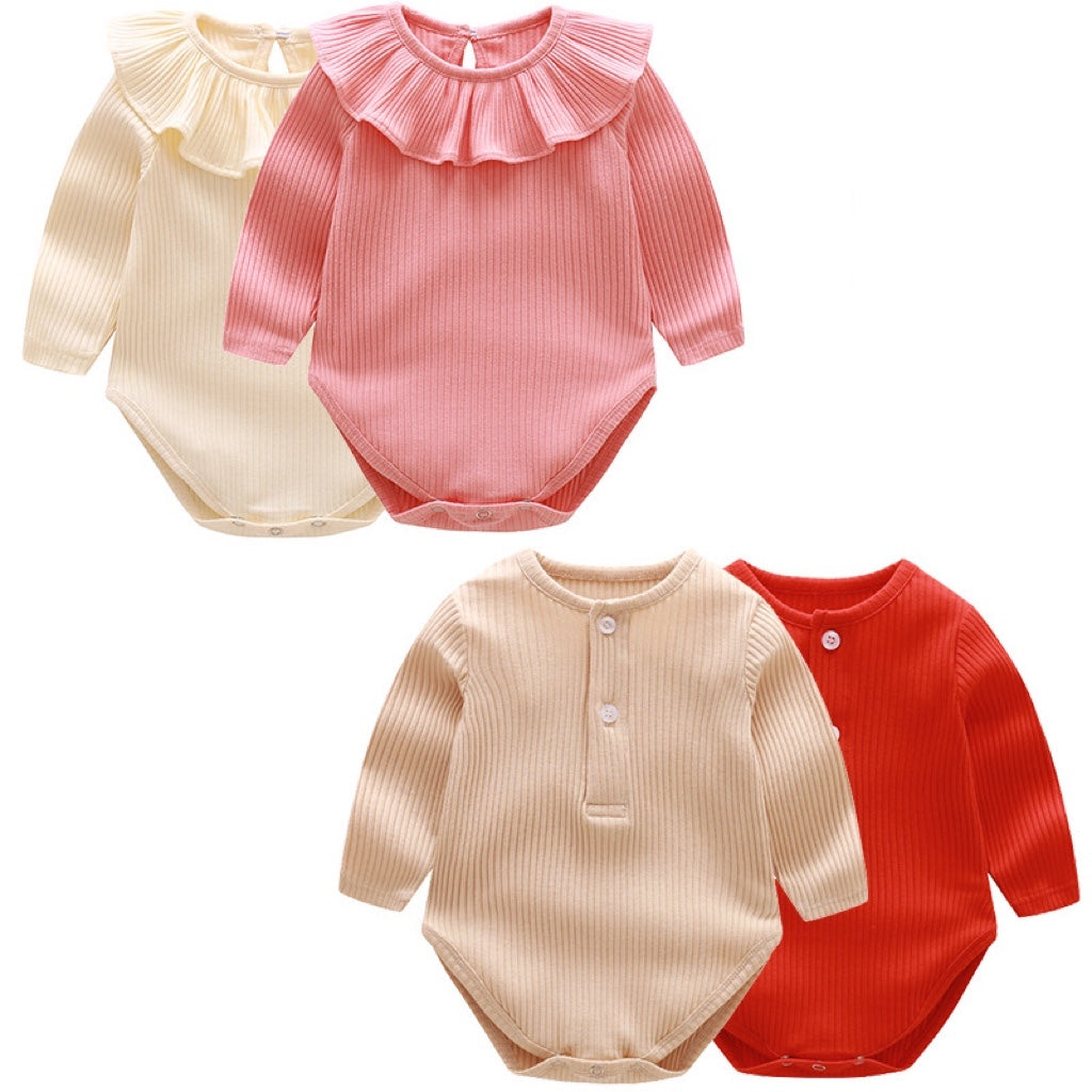 Baby Solid Color Ruffle &amp; Buttoned Design Long-Sleeved O-Neck Onesies-0