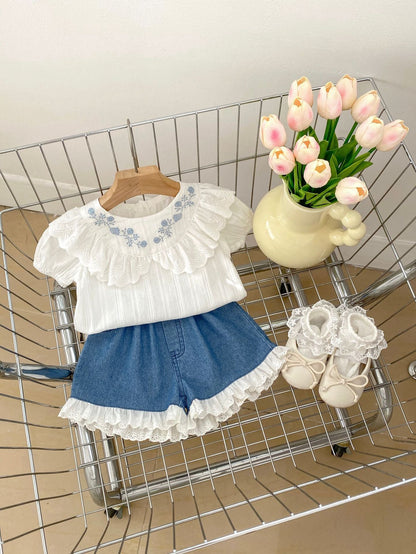 Summer Hot Selling Baby Girls Floral Embroidery Short Sleeves Top And Denim Shorts Clothing Set-8