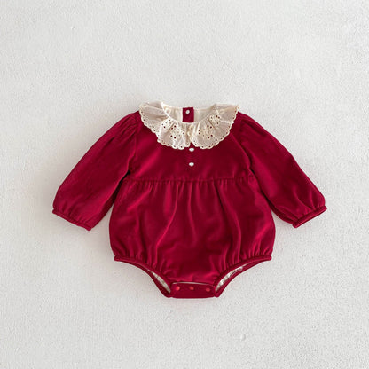 Christmas Baby Girl Laces Round Collars Long Sleeve One Piece In Winter-8