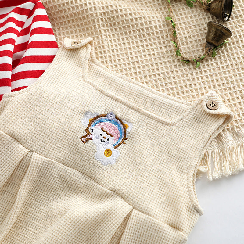 Baby Striped Pattern Shirt Combo Cartoon Graphic Corduroy Fabric Strap Onesies Sets-9