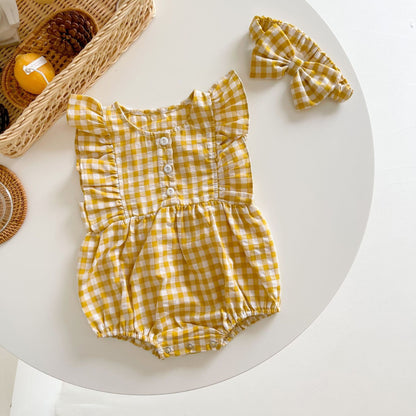 Baby Girl Sleeveless Grid Round Collar Onesies-8