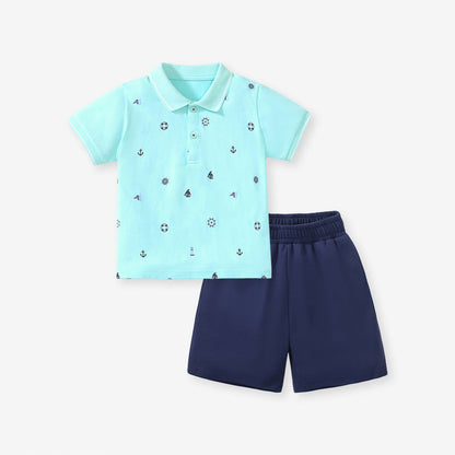 Baby Kids Boys Marine Print Polo Top And Shorts Casual Clothing Set-0