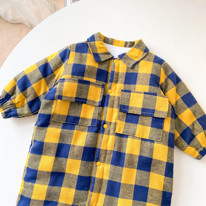 Baby Boy Plaid Pattern Snap Button Front Long-sleeved Thick Rompers-9