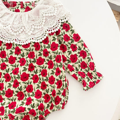 Baby Girl Flower Pattern Labeled Collar Design Long Sleeve Bodysuit-9