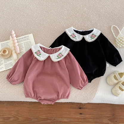 Newborn Baby Girls Peter Pan Floral Collar Long Sleeves Solid-0